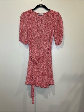Reformation Monica Red Printed Puff-Sleeve Wrap Mini Dress